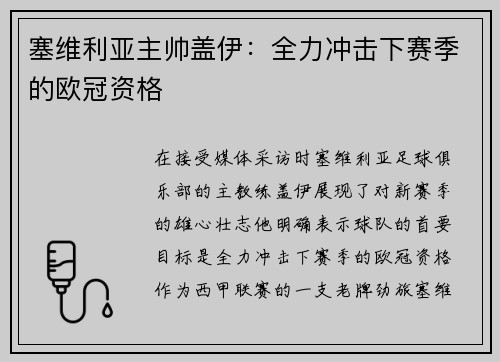 塞维利亚主帅盖伊：全力冲击下赛季的欧冠资格